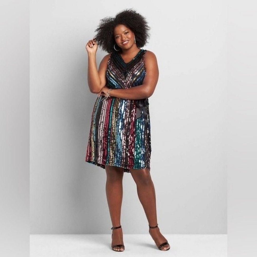 Lane Bryant Multicolored Sequin Party Dress With Satin Belt Sz 20